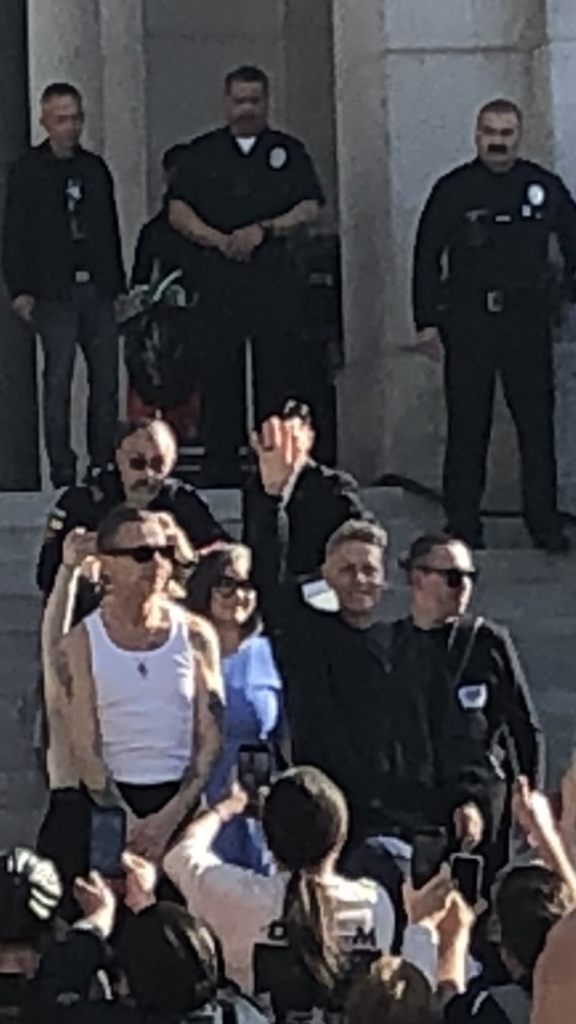 Dave Gahan and Martin Gore of Depeche Mode with Councilwoman Monica Rodriguez at Los Angeles City Hall for Depeche Mode Day December 13 2023 (Photo: Liz Ohanesian)