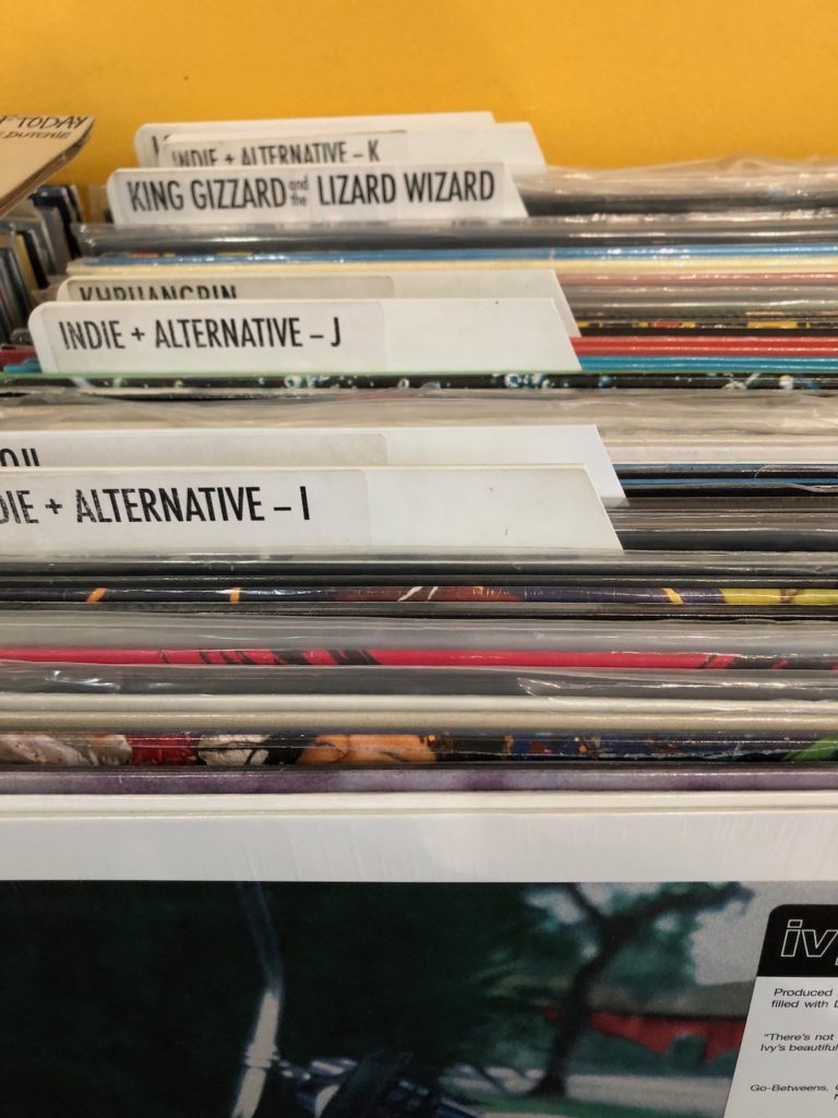A record bin at Going Underground Records in Little Tokyo, Los Angeles with vinyl from King Gizzard and the Lizard Wizard, Khraungbin and more. From "New Year, New Vinyl" by Liz Ohanesian (DJ Liz O.)