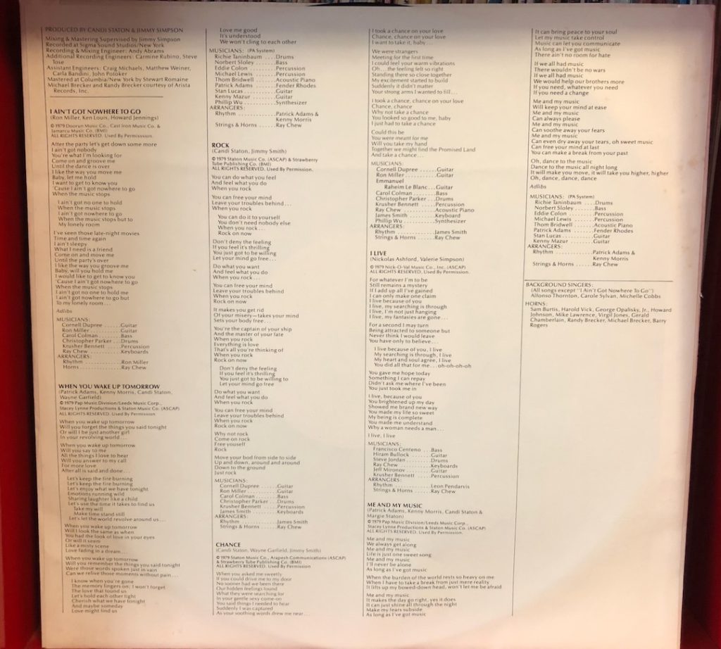 Inner sleeve of Chance, 1979 album by Candi Staton with detailed credits for each song, plus lyrics. (Photo: Liz Ohanesian)