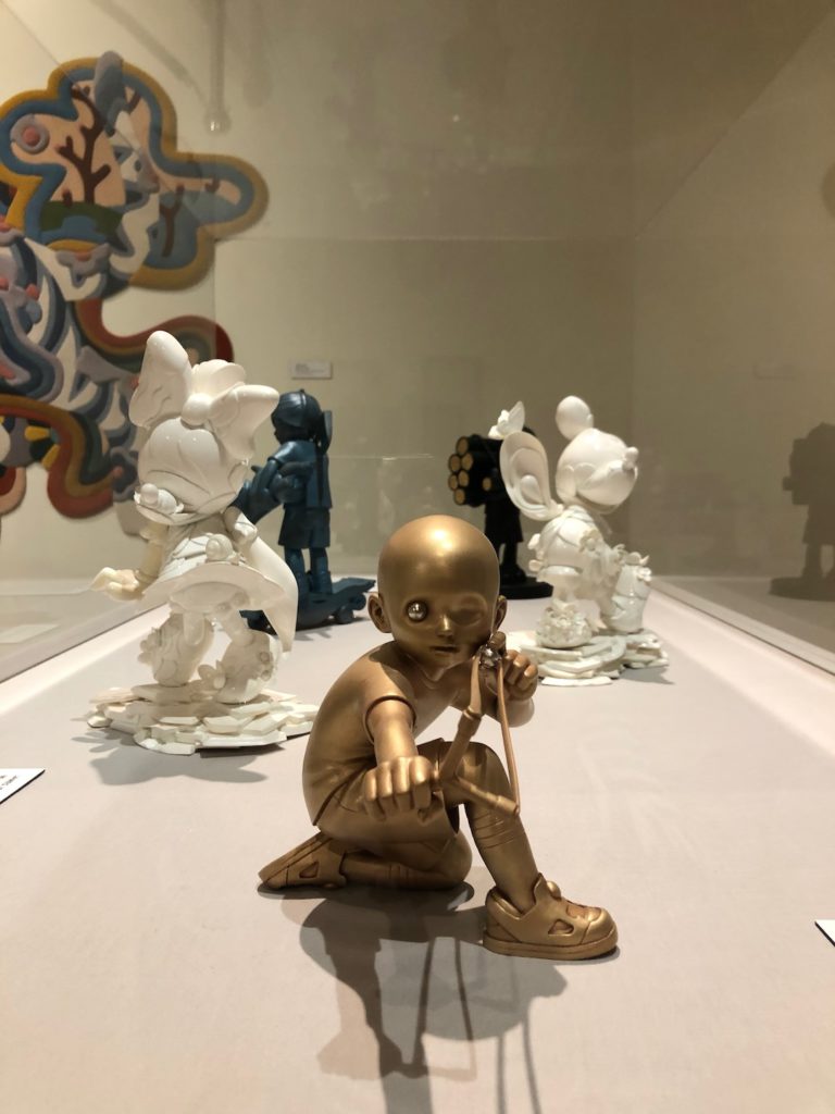 Sculptures by James Jean with "Slingshot Aurum" (2020), made with bronze and platinum leaf, in the foreground. (Photo: Liz Ohanesian)