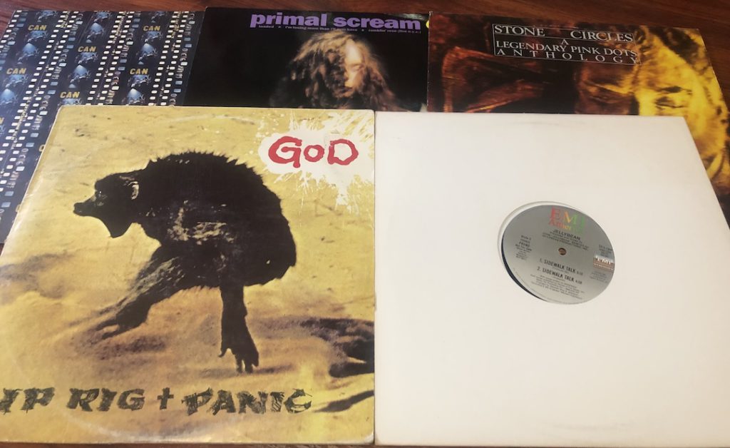 Photo of vinyl records including Can Soundtracks, Primal Scream "Loaded," Stone Circles: A Legendary Pink Dots Anthology, Rip Rig + Panic God, Jellybean "Sidewalk Talk"