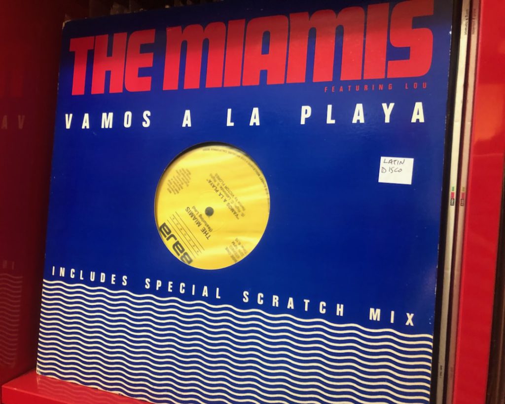 12" single of "Vamos a la Playa" cover of Righeira song by The Miamis featuring Lou, U.S. release from Baja Records with original mix, scratch mix and extended version