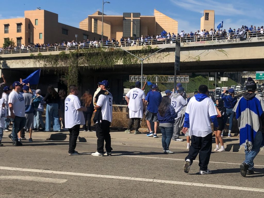 Dodgers Fans gathered in downtown Los Angeles for the World Series victory parade on November 1, 2024. (Photo: Liz Ohanesian)