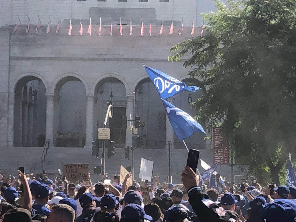 Dodgers fans gathered in Gloria Molina Grand Park across from City Hall in downtown Los Angeles for the 2024 World Series Victory Parade (Photo: Liz Ohanesian)